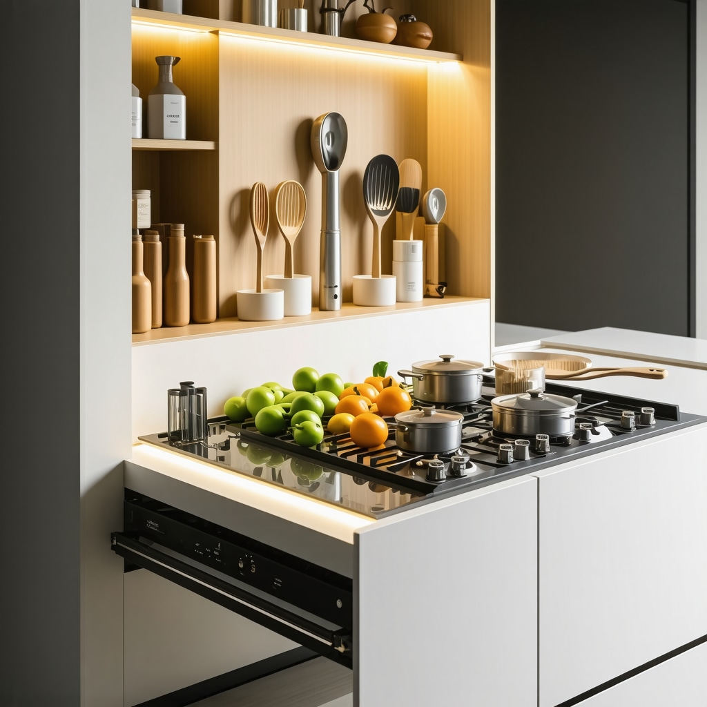 Futuristic kitchen pull-out cabinet equipped with AI sensors, LED lighting, and modular sustainable materials