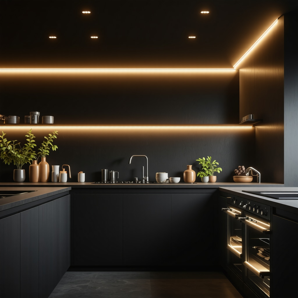 Modern kitchen featuring AI-driven pull-out cabinetry with nanotechnology-enhanced surfaces and modular smart design