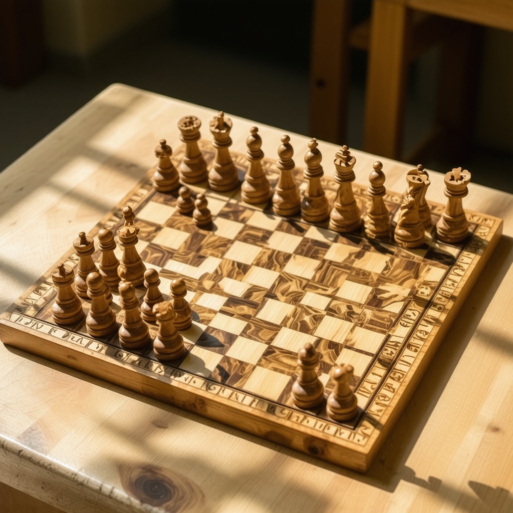 Detailed view of an artisan's hand-carved wooden chess pieces and a custom inlaid chessboard showcasing wood grain and craftsmanship