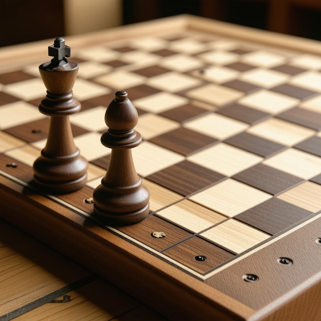 Detailed hand-carved wooden chess piece beside an inlaid chess board exhibiting expert woodworking finish