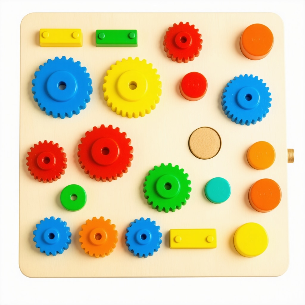 Close-up of a Montessori activity board displaying modular gears, colorful latches, and varied textures on a wooden base