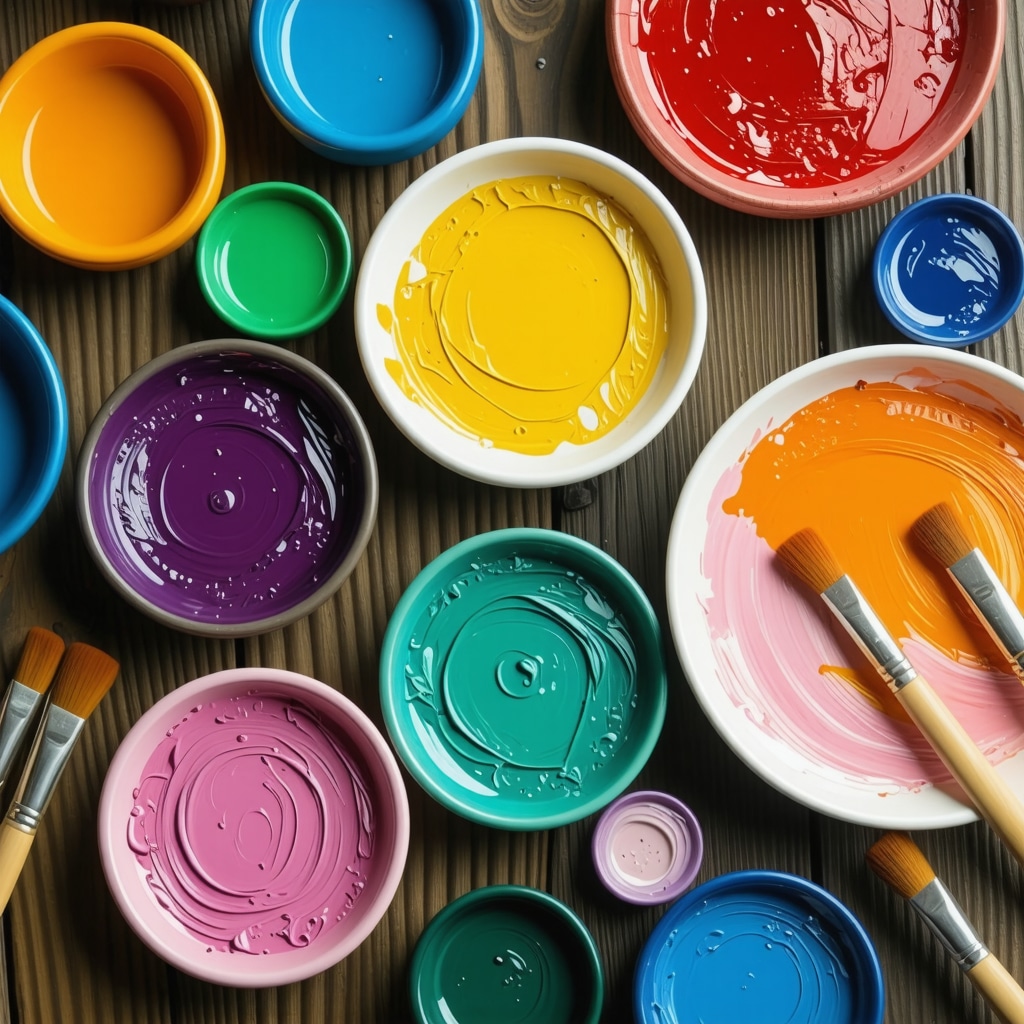 Close-up image of vibrant natural earth paints in handmade ceramic palettes with textured brushes on rustic wooden table