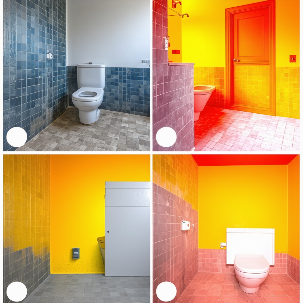Historic bathroom showing vintage tiles restored with advanced nanocomposite grout and infrared thermal imaging highlighting moisture areas