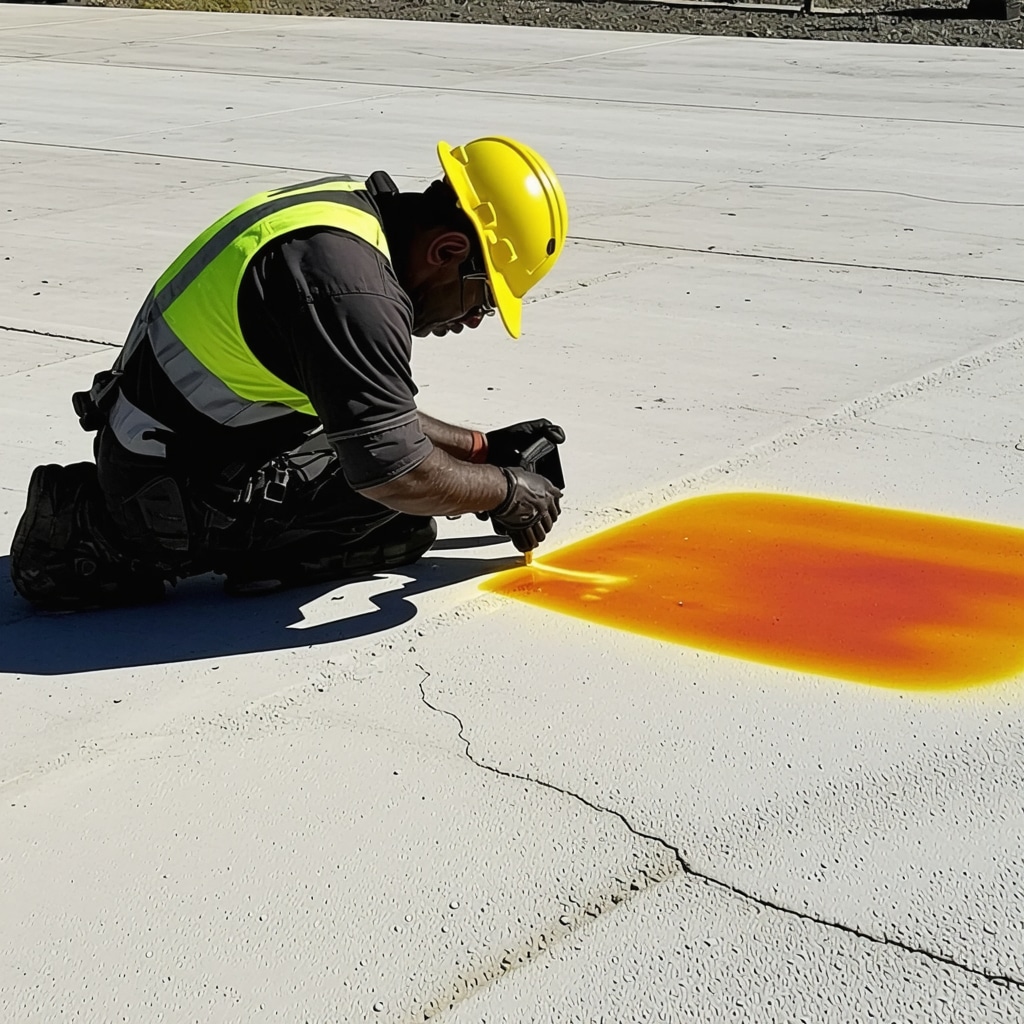 Technician using infrared thermography to assess epoxy injection repair on concrete driveway in controlled environment