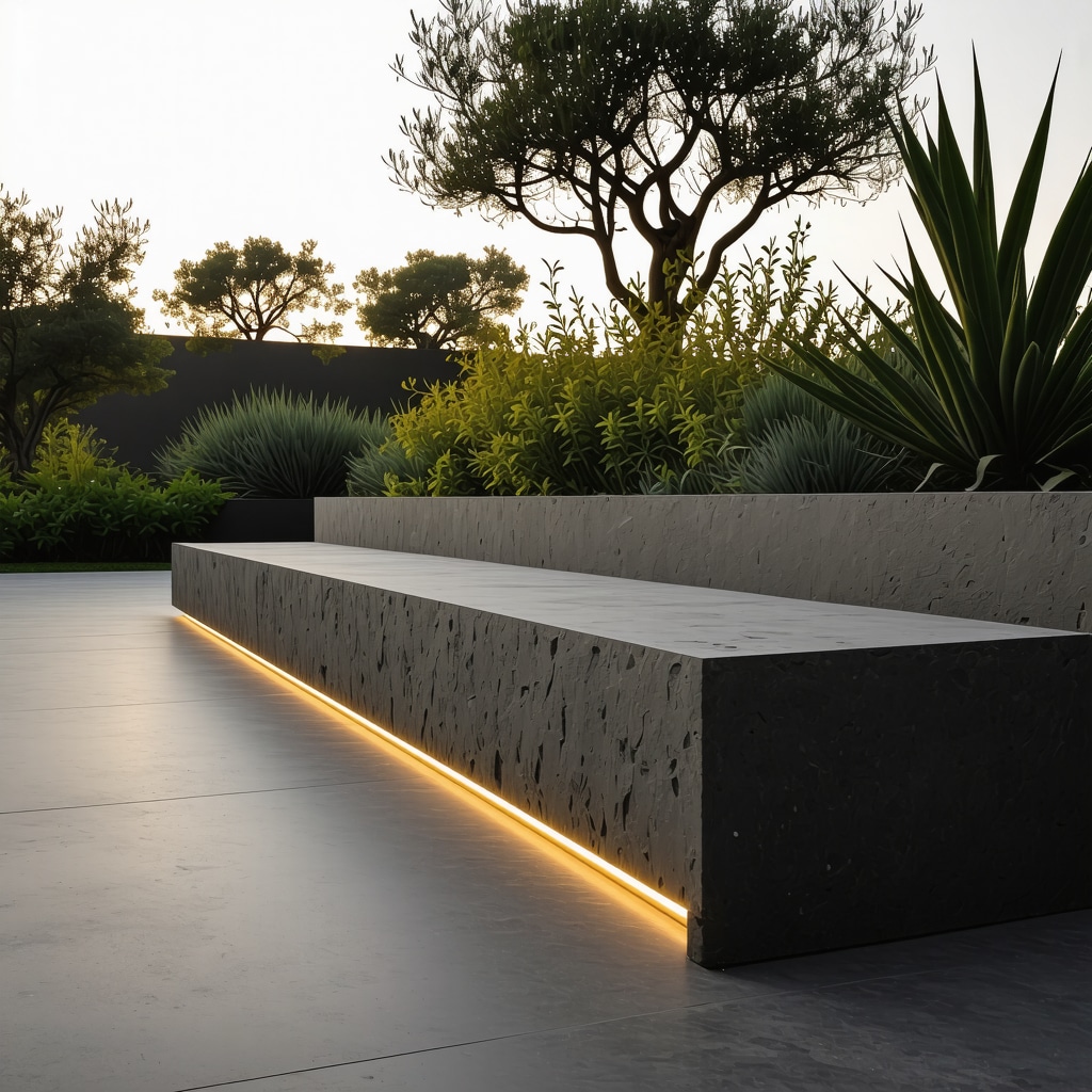 Detailed view of a rammed earth garden bench showcasing embedded LED lighting and fiber reinforcement in a twilight garden setting