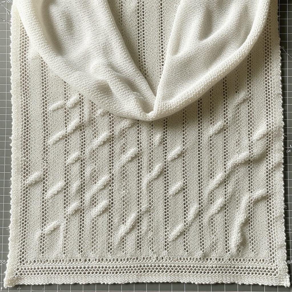 Close-up image of an intricate lace shawl stretched symmetrically on blocking wires over a grid-lined mat