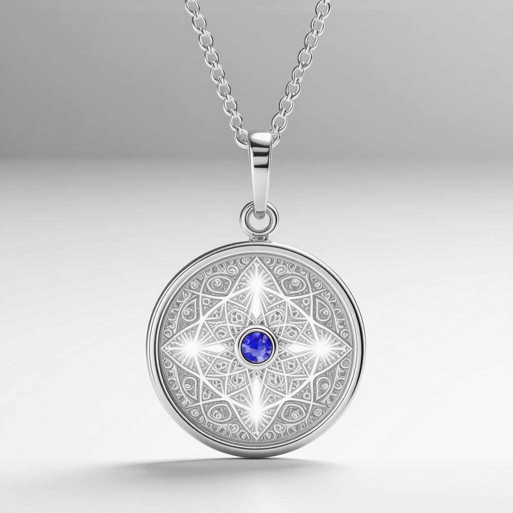 Close-up image of a personalized silver pendant with sacred geometry engravings and a bezel-set birthstone