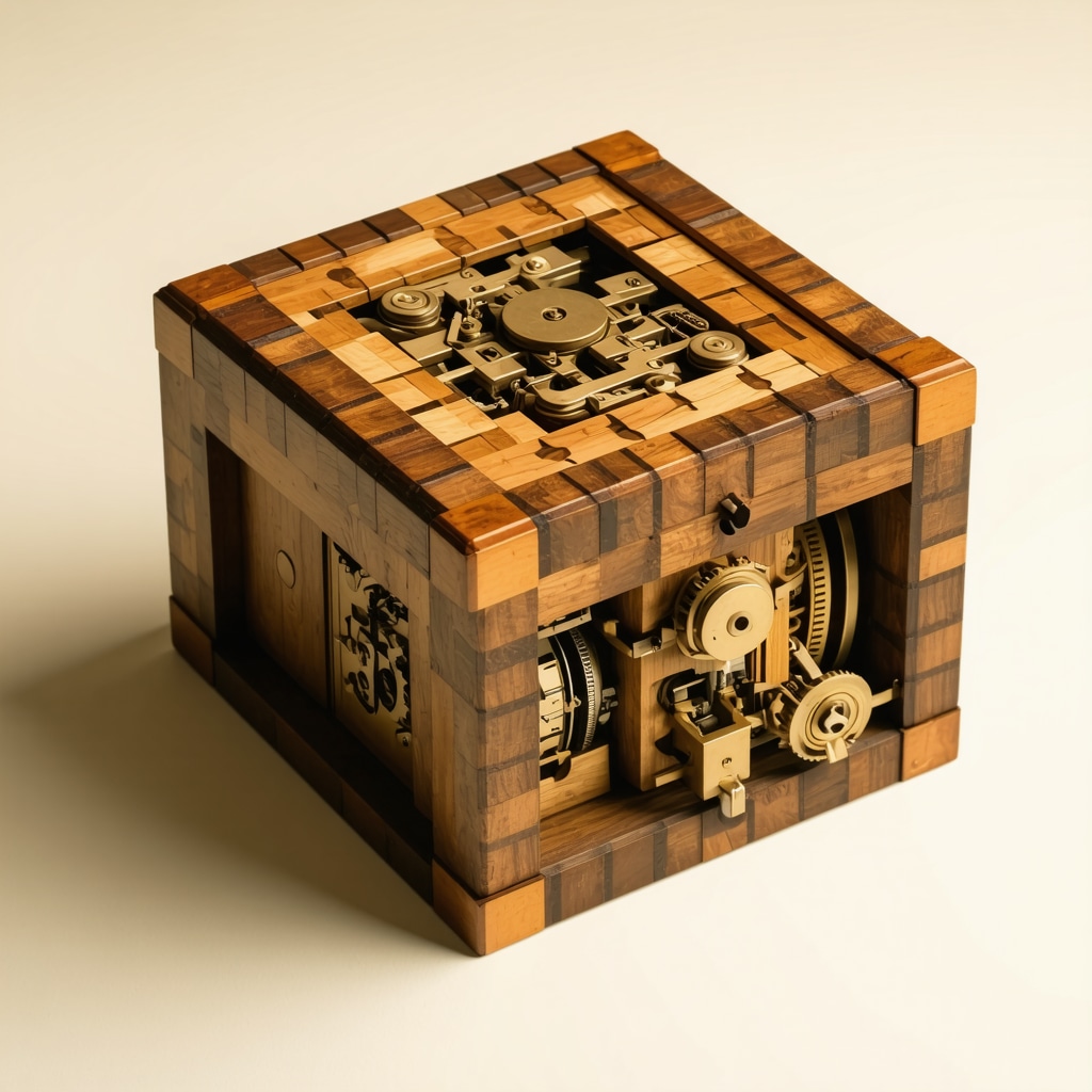 A detailed wooden puzzle box displaying complex internal brass and polymer mechanisms and secret compartments