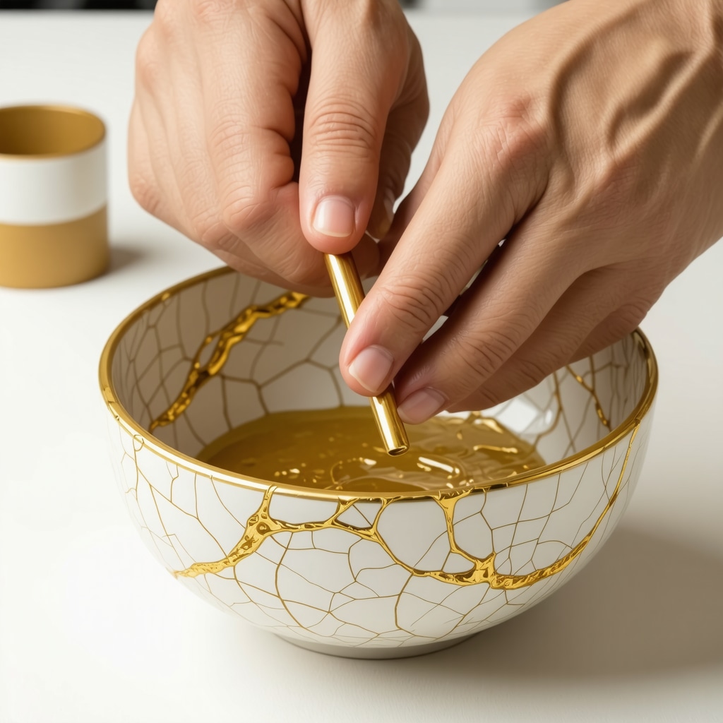 Close-up image of hands carefully applying gold lacquer to repair cracks in a ceramic bowl using traditional kintsugi techniques