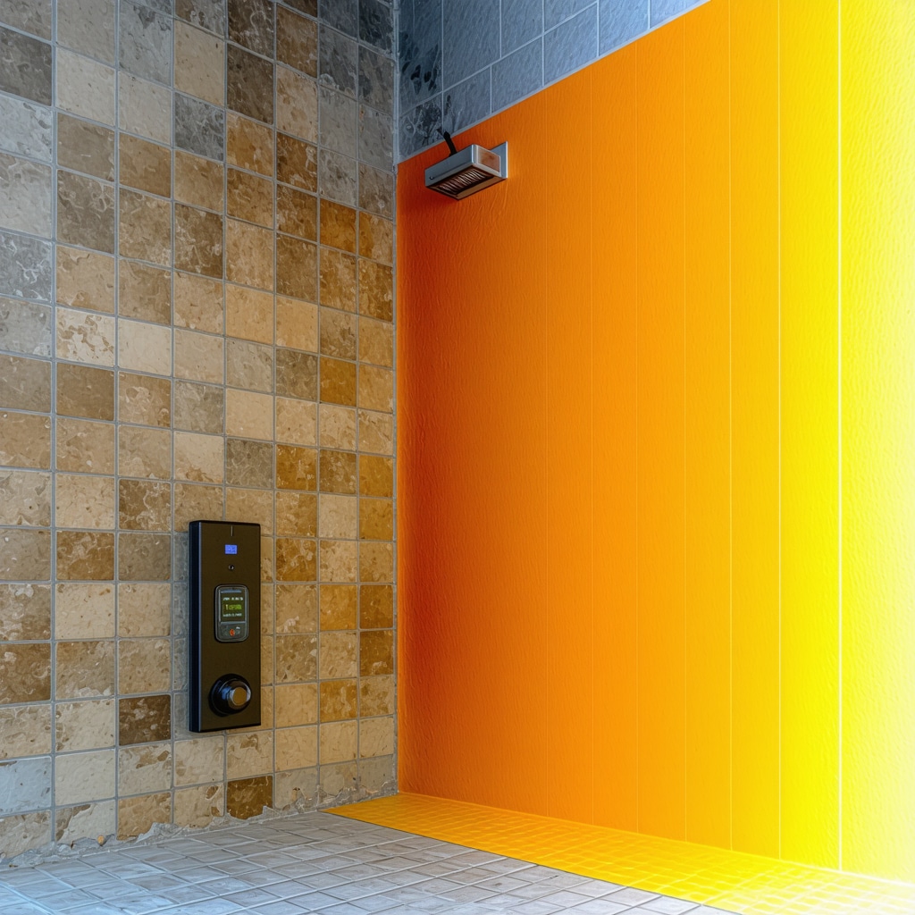 Vintage tiled wall with IoT moisture sensors and thermal imaging overlay for restoration diagnostics