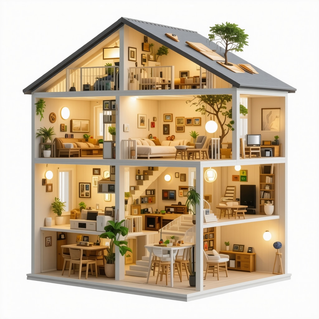 Close-up view of a miniature dollhouse room illuminated by flexible OLED panels and microcontroller-controlled LED lights, highlighting advanced sustainable lighting components and wiring.