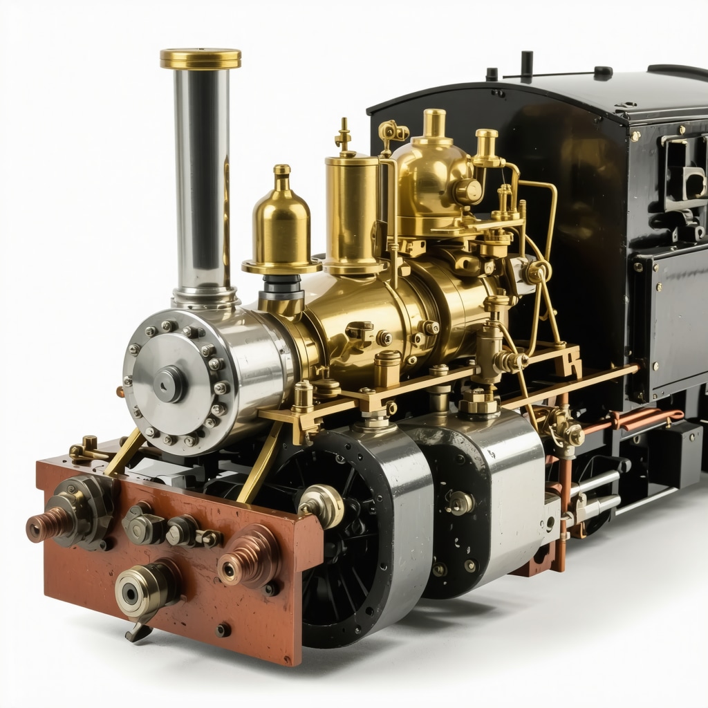 Close-up of a miniature steam engine made from titanium and stainless steel with attached IoT sensors and digital readouts