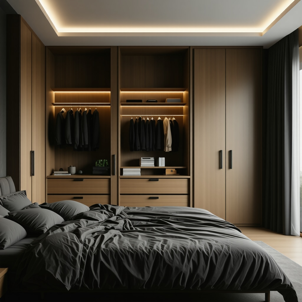 Custom built-in wardrobe with smart lighting and high-quality wood finishes blending classic and modern styles