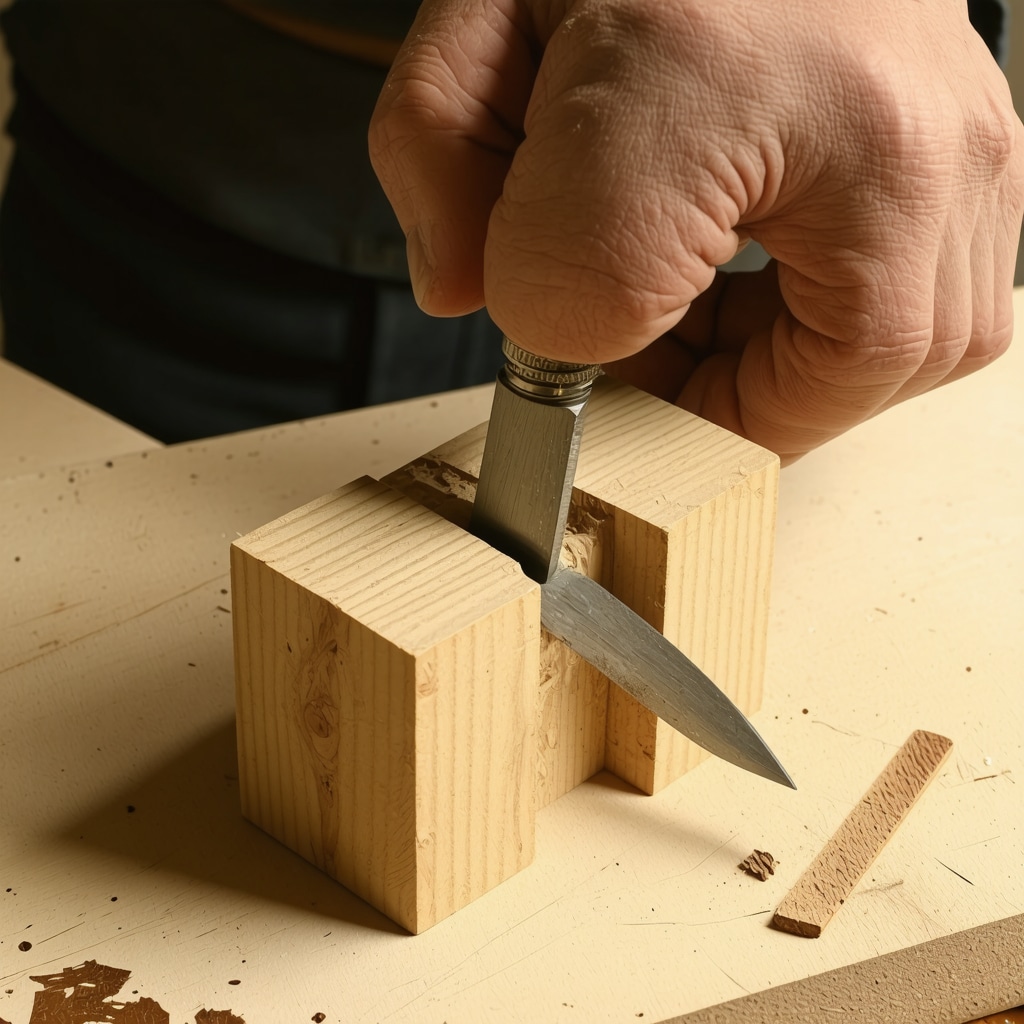 Hand tools fine-tuning a mortise and tenon joint with high precision in a woodworking shop