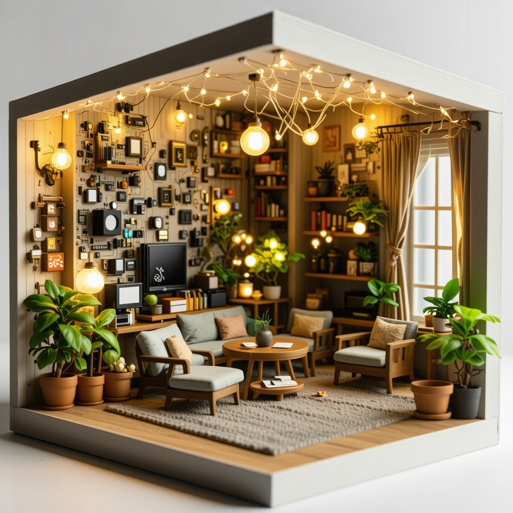 Miniature dollhouse room lit by smart RGB LEDs and OLED panels with visible microcontroller components