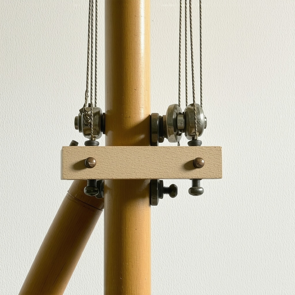 Detailed image of a puppet joint showing tension adjustment screws and counterweights for fine control.