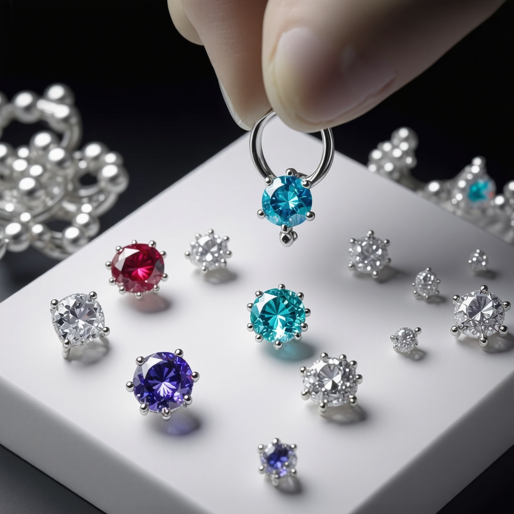 Jeweler working with AI-CAD software and nanoscale visuals of silver and birthstones