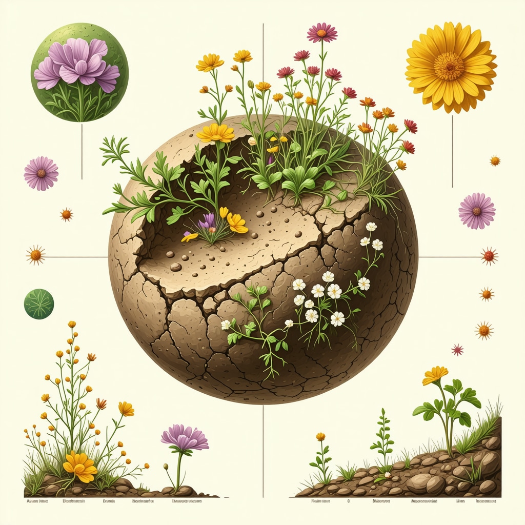 Cutaway diagram of seed bomb showing native seeds, biodegradable polymers, microbial inoculants, and GIS map overlay