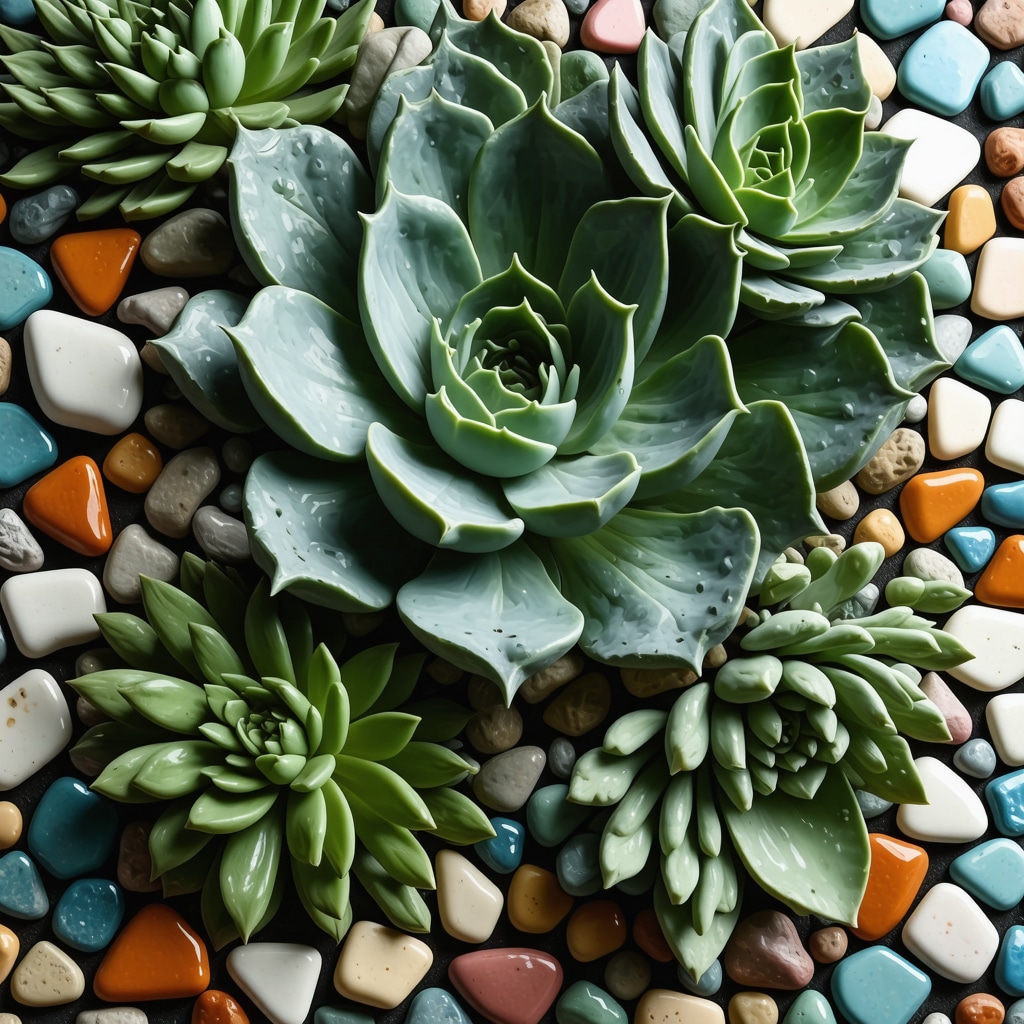 Close-up of a mosaic garden feature with succulents and ceramic shards