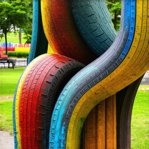 Vibrant carved tire sculpture with lighting in outdoor garden.
