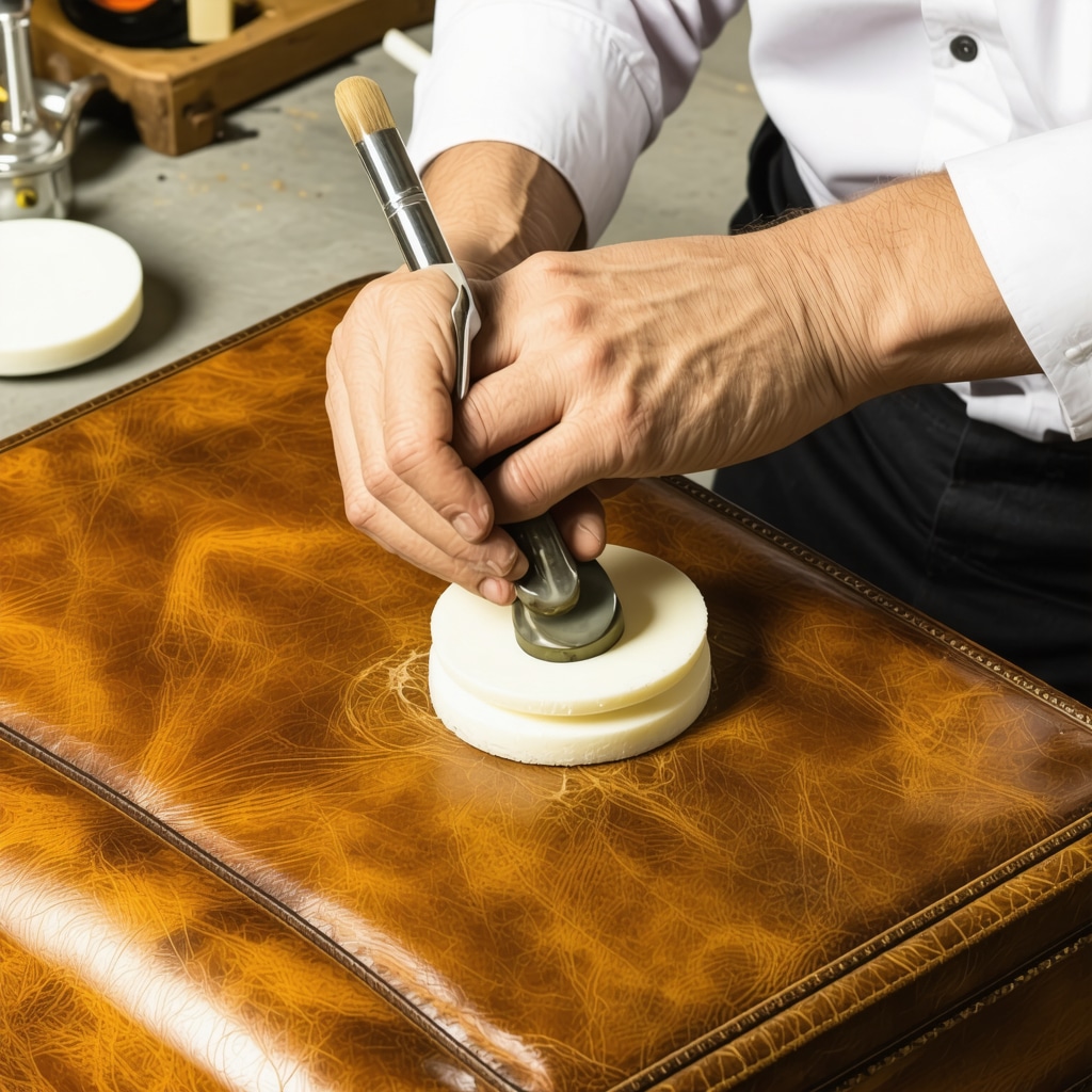 Close-up of French polishing application on antique leather upholstery showing shellac and tools