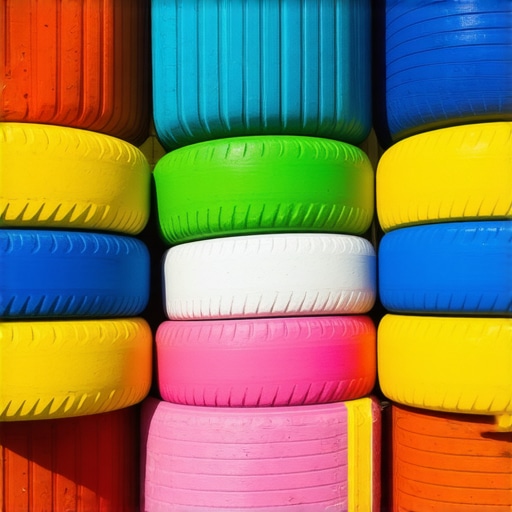 Colorful painted tires used creatively as garden furniture and art installations