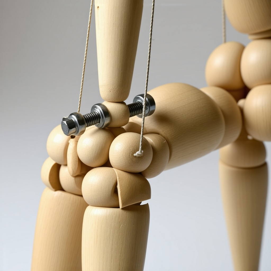 Close-up of a marionette's joint showing adjustable tension screws and counterweights.
