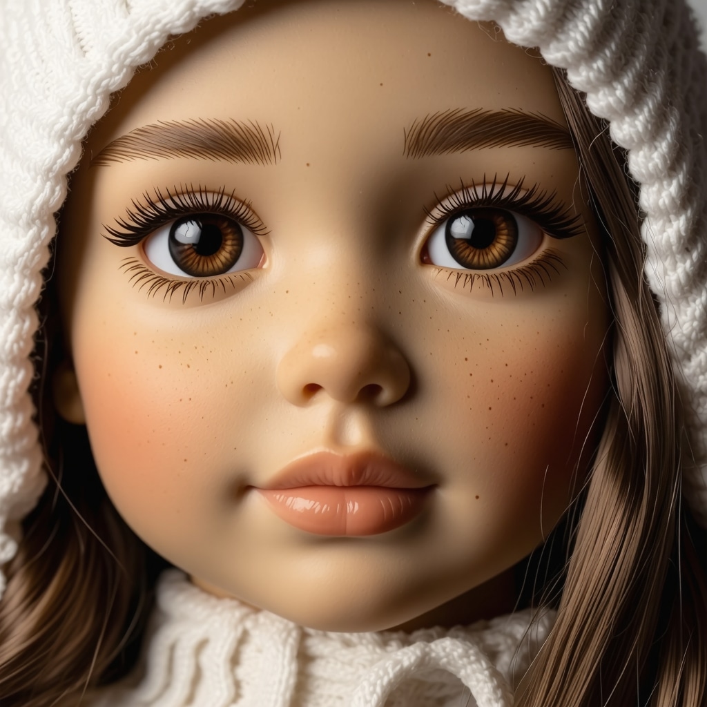 Detailed embroidery on Waldorf doll face with expressive features