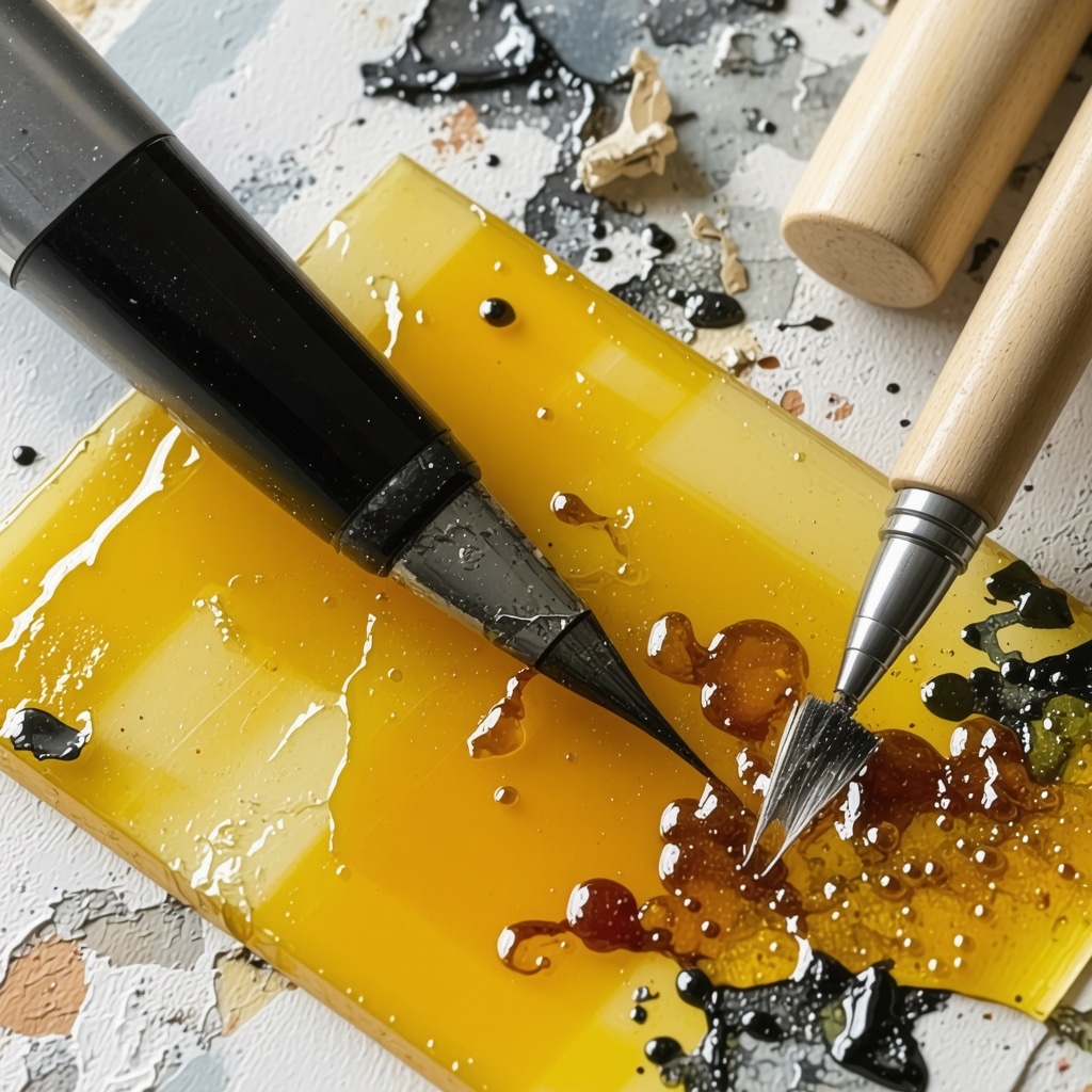 Workspace with encaustic painting tools and textured wax layers containing metallic leaf and botanical inclusions