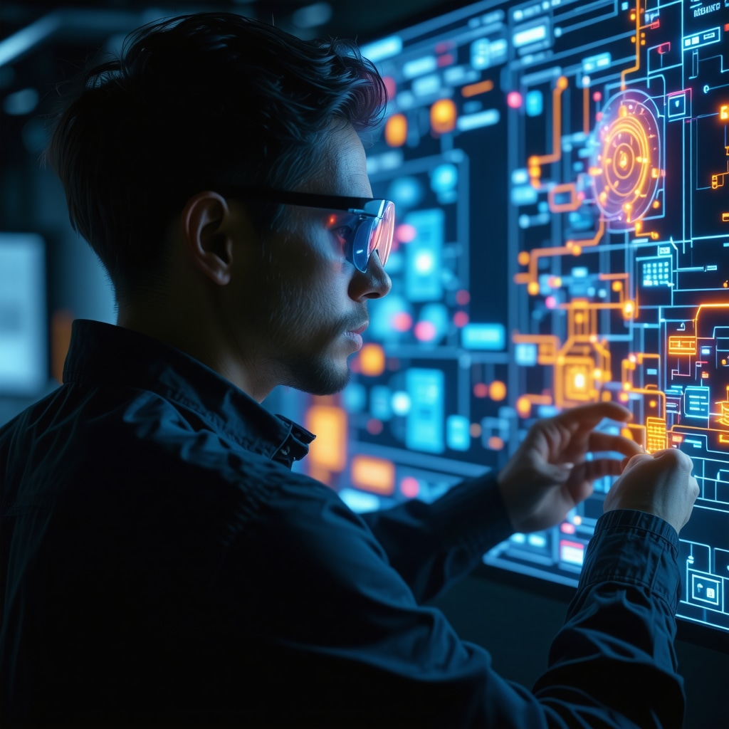 Electrical engineer wearing AR glasses visualizing a digital twin of dedicated circuits with holographic data
