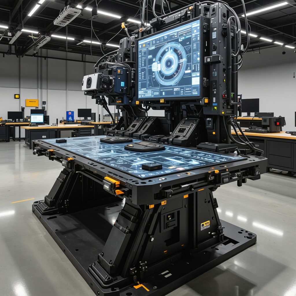 Advanced ergonomic workbench featuring sensors, haptic feedback, AR overlays, and energy harvesting technology