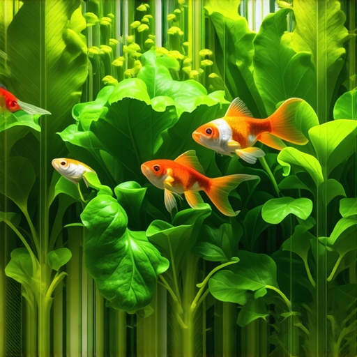 Close-up of thriving plants and fish in an aquaponics setup.