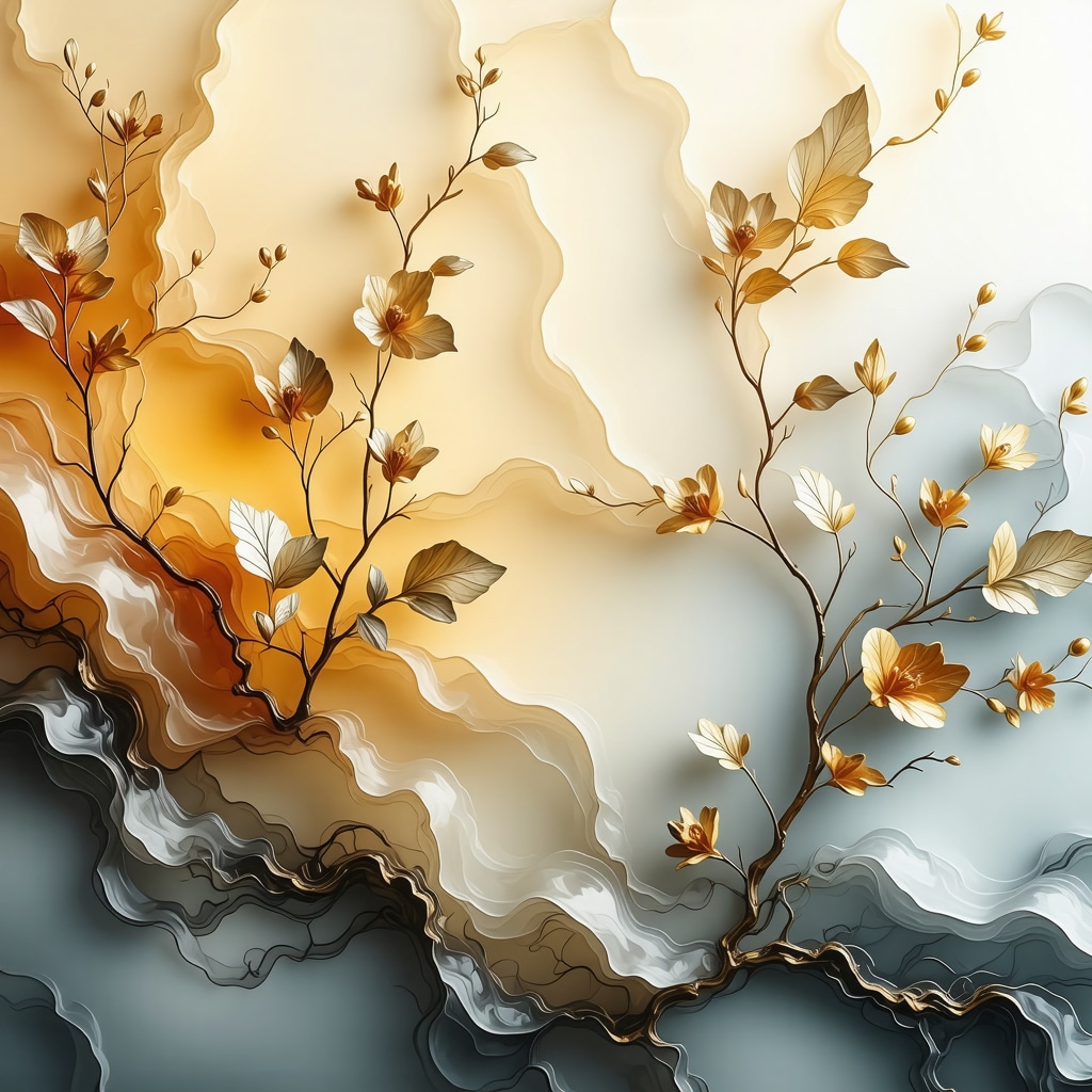Close-up of multi-layered encaustic painting with embedded metallic leaf and organic fibers showing texture and translucency