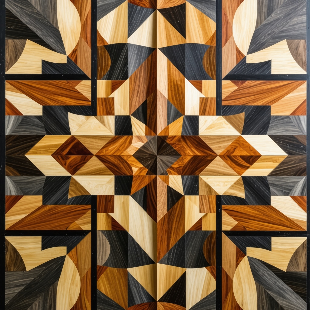 Close-up of detailed marquetry inlay with geometric patterns and vibrant colors