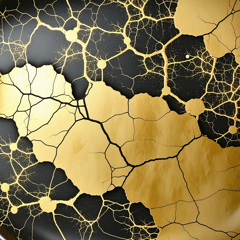 Close-up of Kintsugi repaired pottery with golden seams and molecular diagram