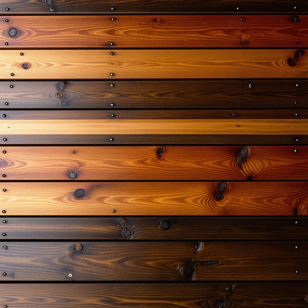 A wooden deck with multiple stain layers and textured finish highlighting advanced staining craftsmanship.