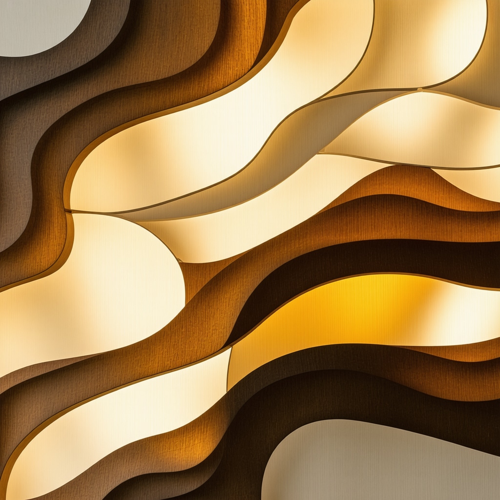 Close-up of layered veneer inlay with multiple wood layers creating depth and dimension, illuminated to show translucency and light transmission.
