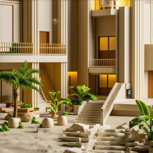 Close-up of miniature architectural detail with textured walls and lighting effects