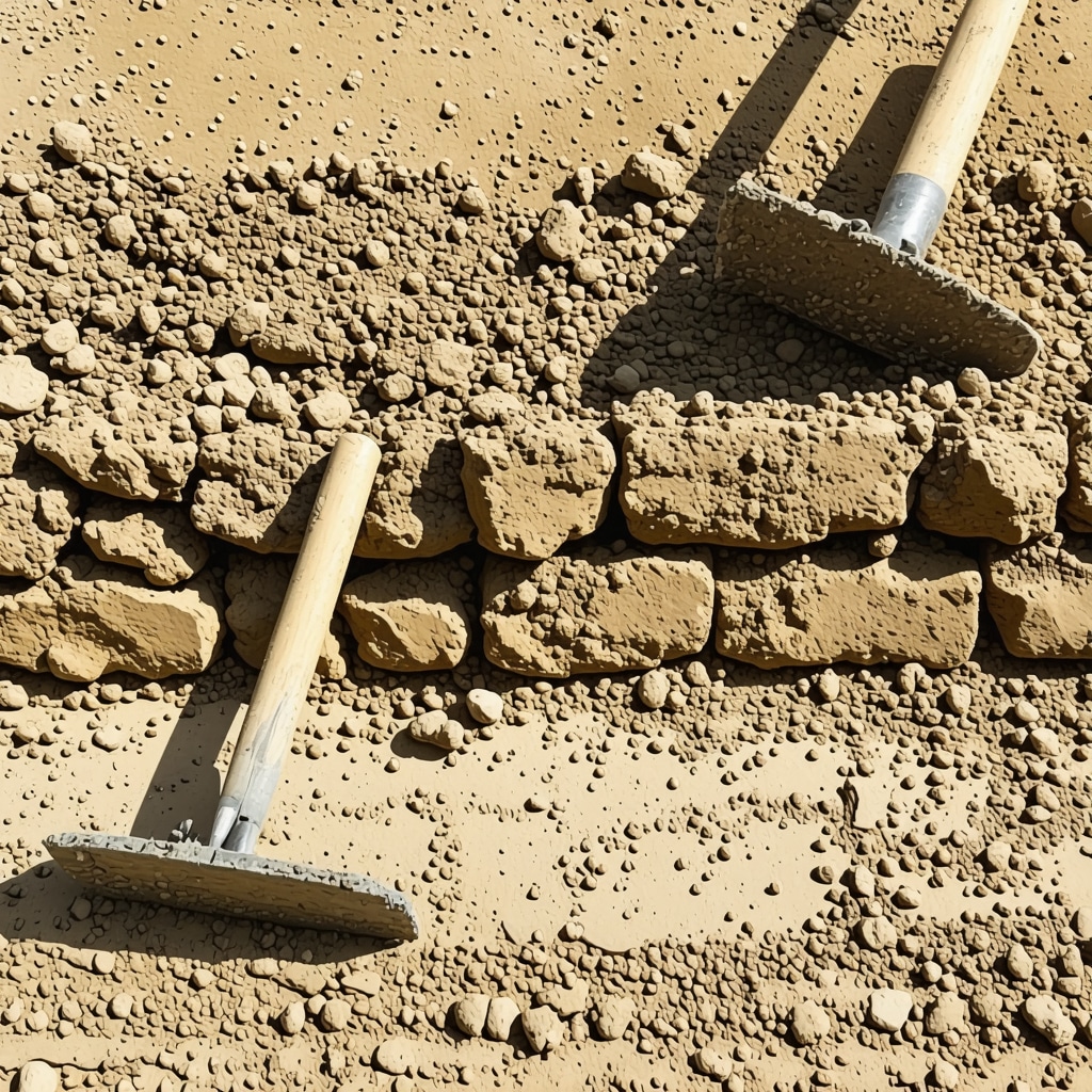 Expert working on rammed earth wall with soil and tamper