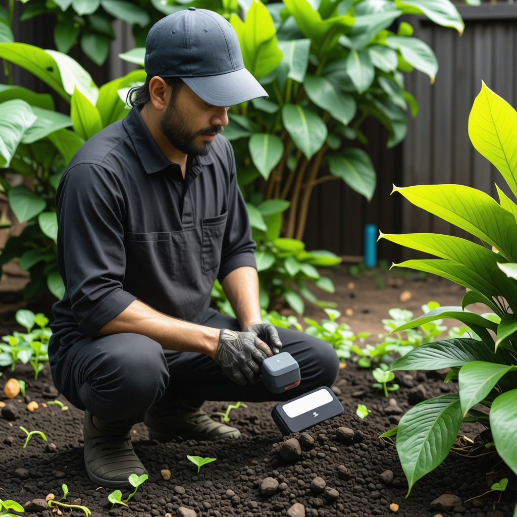Gardener using a smart soil moisture sensor device in a lush eco-friendly garden with biochar-amended soil