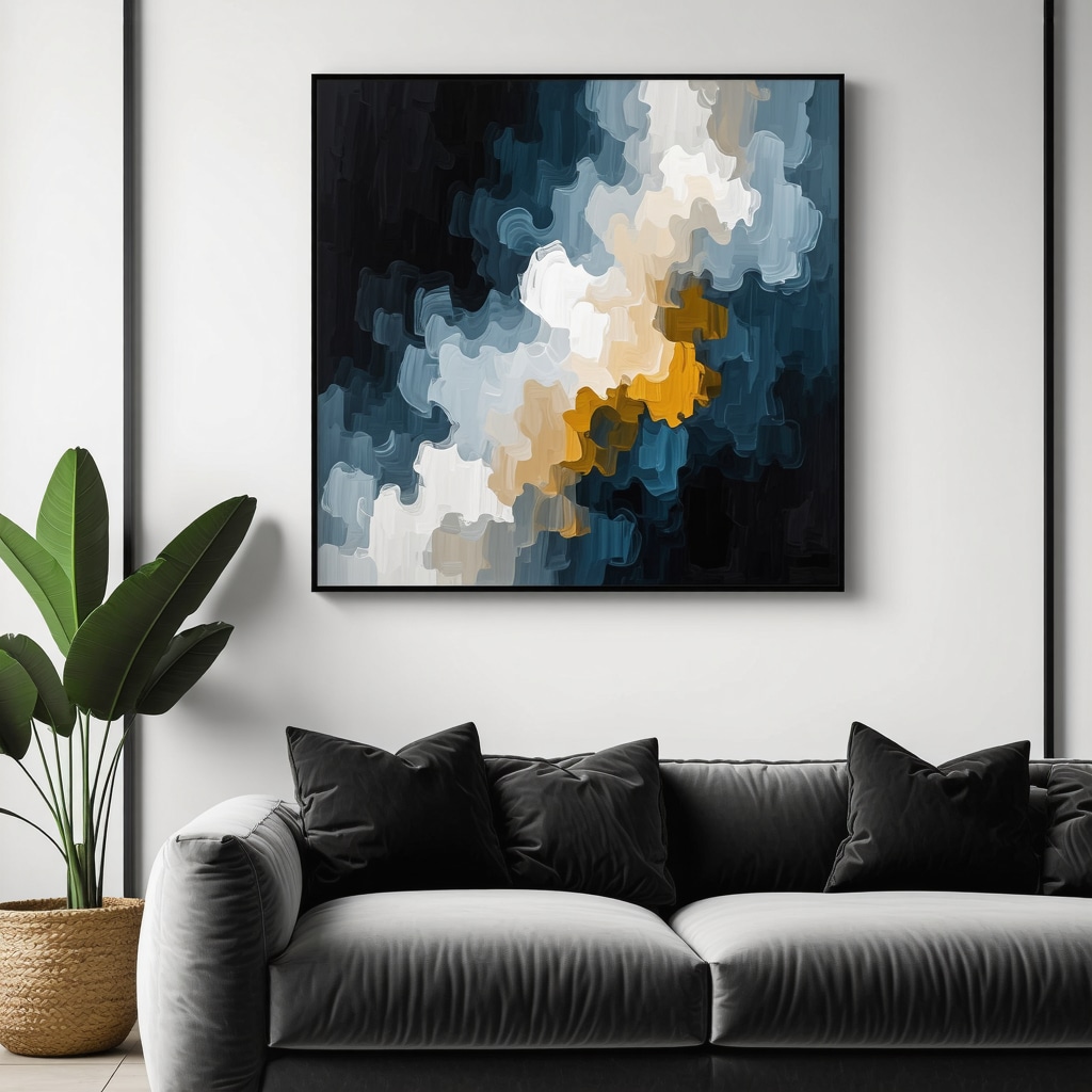 A sophisticated textured wall with mixed media art in a contemporary living room