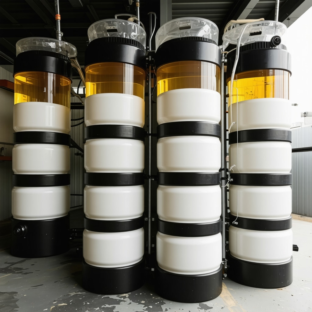 Stacked IBC tote aquaponics system showing fish tanks and plant grow beds in urban garden