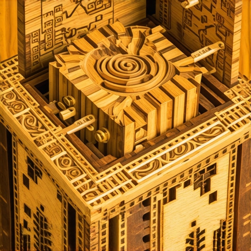 A detailed photograph of a complex wooden puzzle box featuring multiple hidden compartments and sophisticated lock mechanisms.
