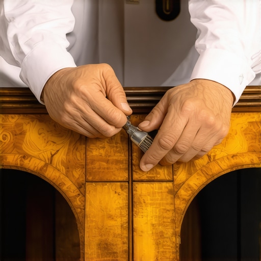 Professional craftsman applying flexible veneer on curved furniture surface with tools and heat gun.