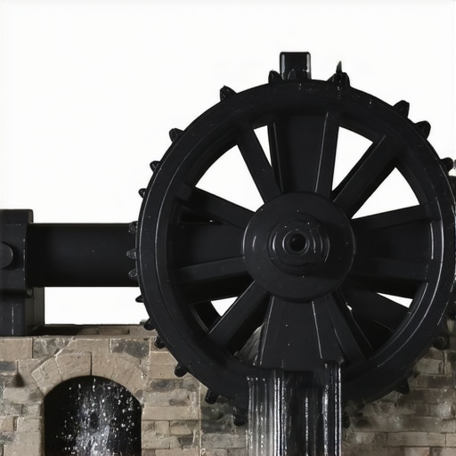 Detailed miniature water wheel with micro-pumps and sluice gates demonstrating precise water flow management.