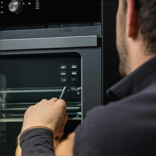 Technician performing advanced diagnostics on a smart oven control panel.