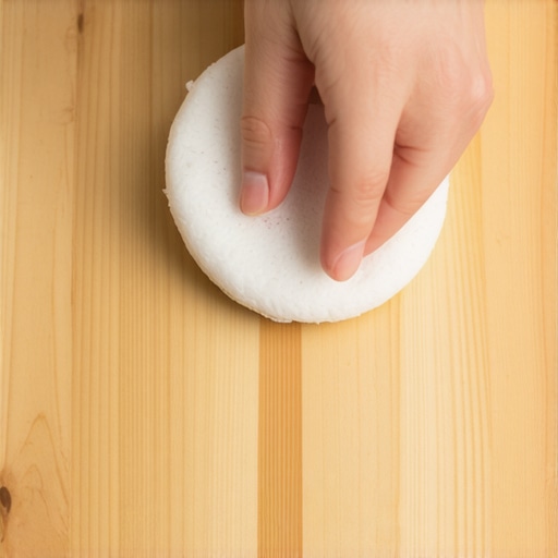 Main utilisant un tampon en coton pour polir une surface en bois verni avec finesse