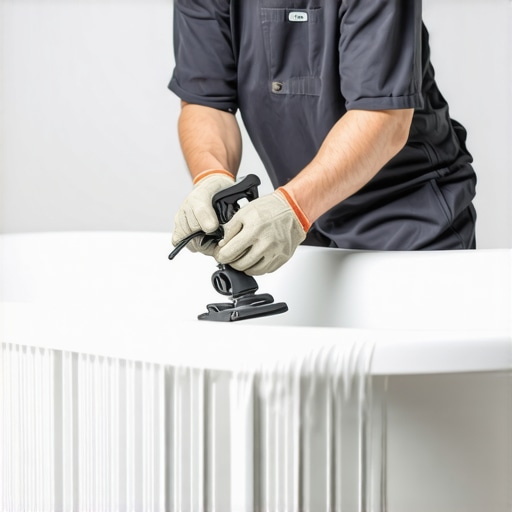 Professional applying smooth coat of paint on cast iron bathtub with spray gun