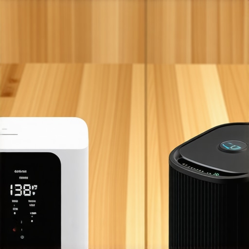 Digital hygrometer and dehumidifier monitoring indoor climate in a room with reclaimed hardwood floors