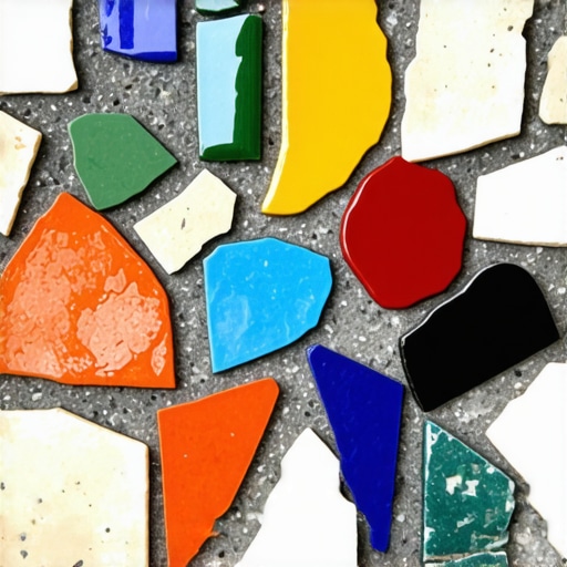 Close-up of a mosaic garden stepping stone with glazed ceramic shards and weatherproof sealant.